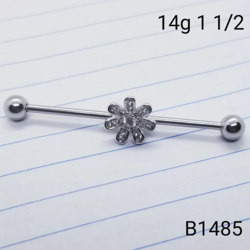 14g Silver CZ Flower Industrial Barbell Earring