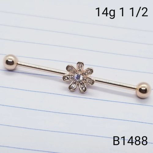 14g Gold CZ Flower Industrial Barbell Earring