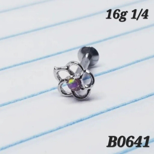 16g Silver Pink Opal Flower 1/4 Labret Ring B0641