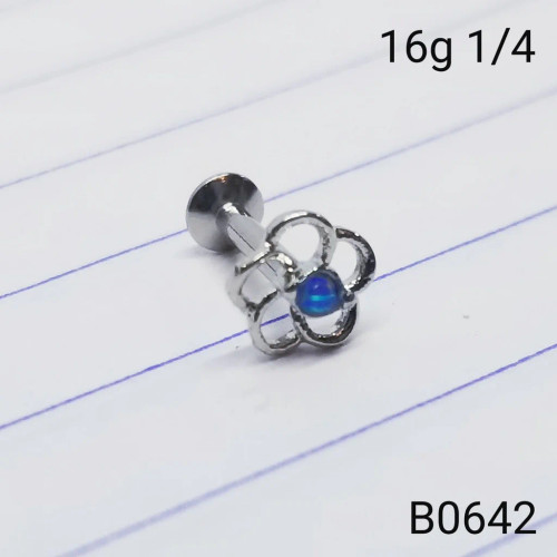 16g Silver Hollow Blue Opal Flower Cartilage 1/4 Labret Ring