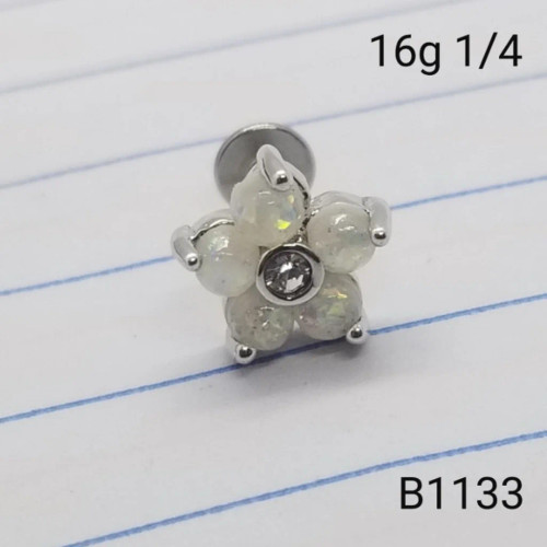 16g Silver White Opal Flower CZ 1/4 Labret Ring