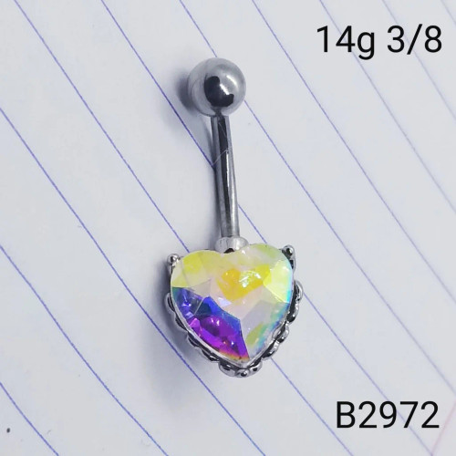 14g Silver AB Heart 3/8 Belly Ring B2972