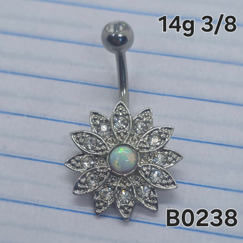 14g Silver CZ  Opal Flower 3/8 Belly Ring B0238