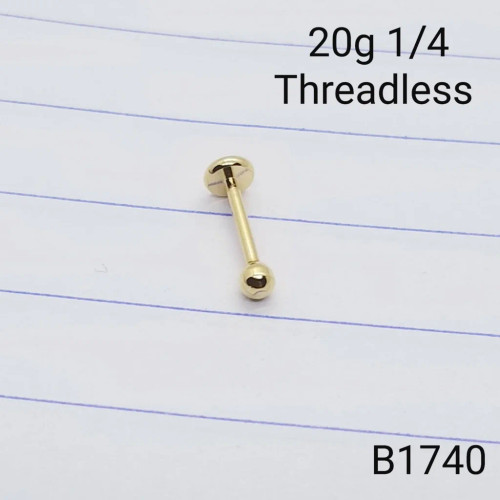 20g Gold Stainless  2mm Ball Threadless 1/4 Nose Labret B1740