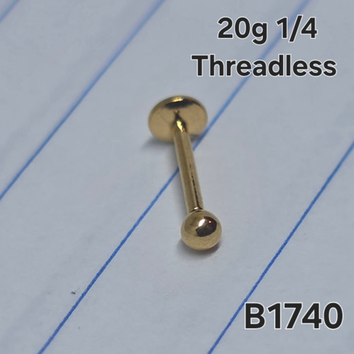 20g Gold Stainless  2mm Ball Threadless 1/4 Nose Labret B1740