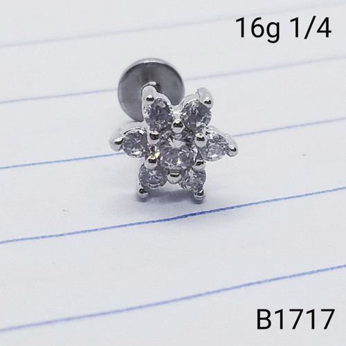 16g Silver CZ Flower 1/4 Labret Ring