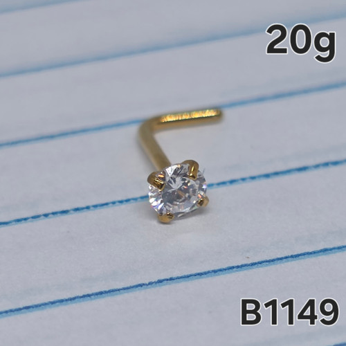 20g Gold 3mm CZ L Bend Nose Ring B1149