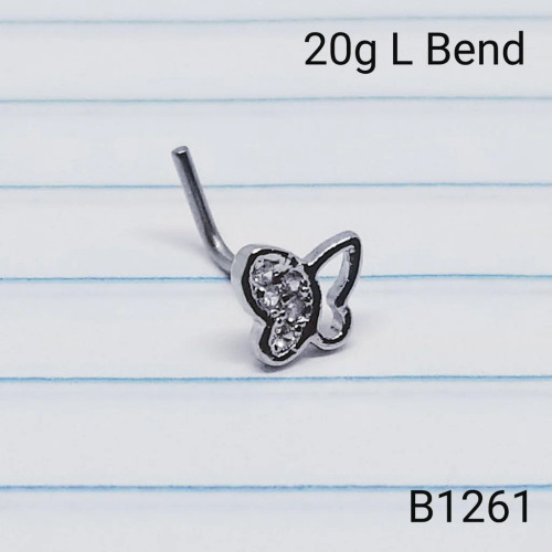 20g Silver Butterfly CZ L-Bend Nose Ring