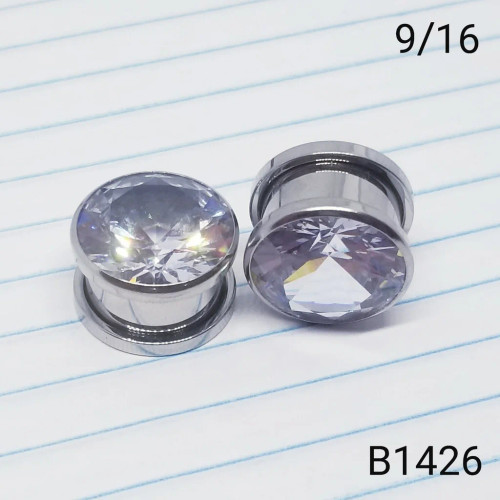 9/16 Inch Silver CZ Screw Plugs / Tunnels