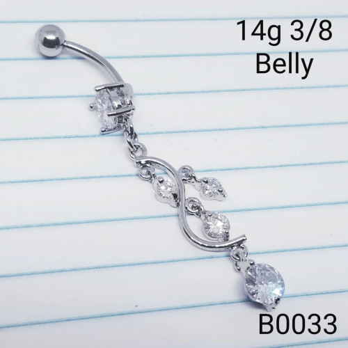 14g Silver CZ Long Vine Dangle Belly Ring