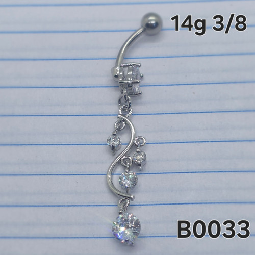 14g Silver CZ Vine Chandelier Dangle Belly Ring B0033