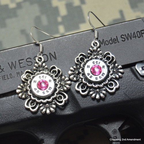 40 Caliber Large Flower Bright Pink Crystal Dangle Bullet Earrings