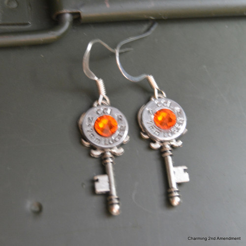 9mm Skeleton Key Orange Crystal Dangle Bullet Earrings