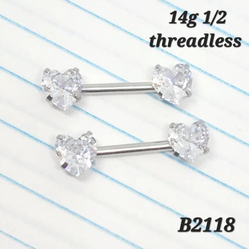 14g Silver CZ Heart Threadless Nipple Rings Barbells 1/2