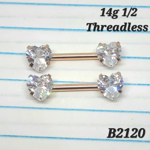 14g Rose Gold CZ Heart Threadless Nipple Rings Barbells 1/2