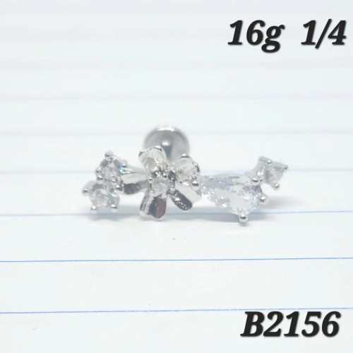 16g Silver Flower Vine CZ Cartilage Crawler 1/4 Labret Stud