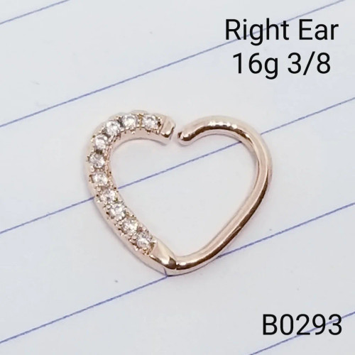 16g Rose Gold Heart CZ Right Ear 3/8 Hoop Daith Ring
