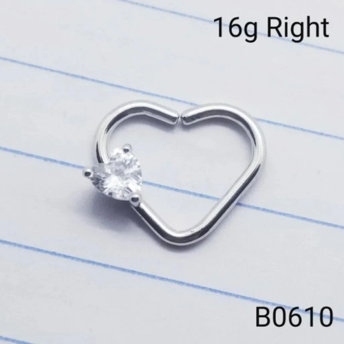 16g Silver Heart CZ Right Ear 3/8 Hoop Daith Ring