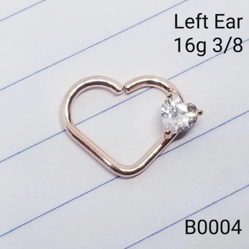 16g Rose Gold Heart CZ Heart Left 3/8 Daith Hoop Earring