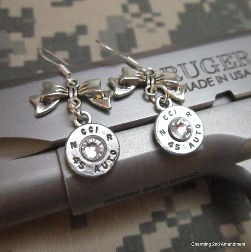 45 Caliber Silver Bow Clear Crystal Dangle Bullet Earrings