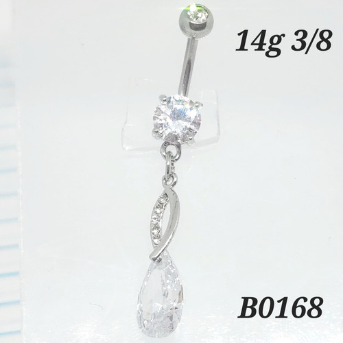 14g Silver Cz Long Teardrop Dangle Belly Ring