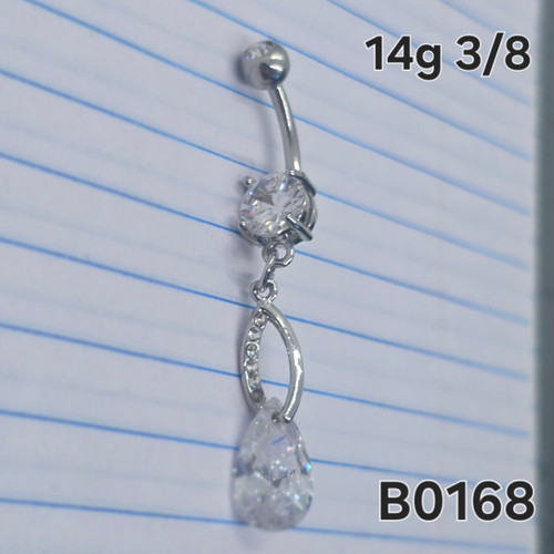 14g Silver CZ Tear Drop Long Dangle Belly Ring B0168