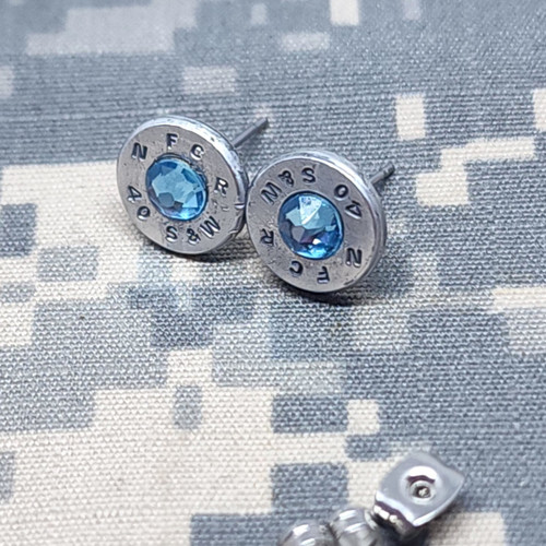 40 Caliber Silver Bullet Casings Aquamarine Crystal Surgical Stud Earrings