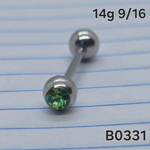 14g Stainless Peridot Green Gem 9/16 Barbell Tongue Ring B0331
