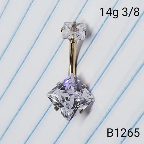 14g Gold Stainless Square CZ 3/8 Belly Ring B1265