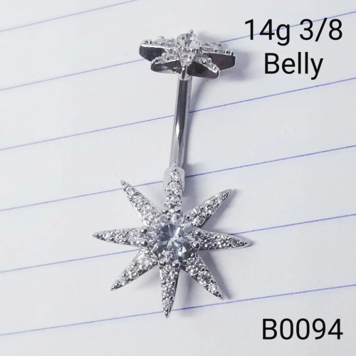 14g Silver Starburst CZ 3/8 Belly Ring B0094