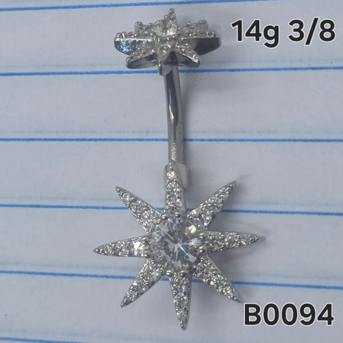 14g Silver Starburst CZ 3/8 Belly Ring B0094