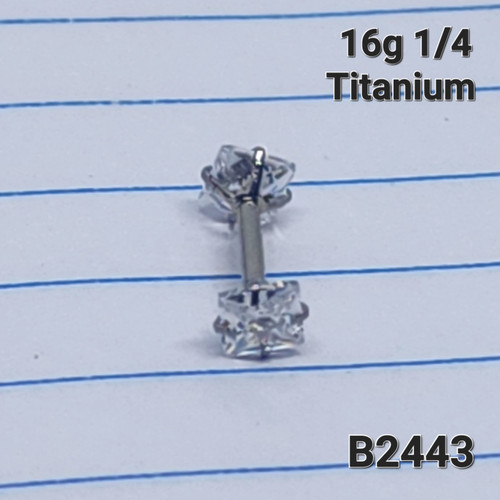 16g Titanium Double 4mm Square CZ 1/4 Cartilage Barbell