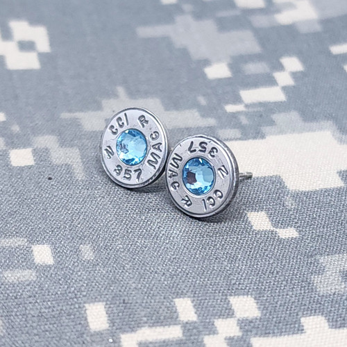 357 Mag Caliber Silver Bullet Casing Aquamarine Blue Crystal Stud Earrings