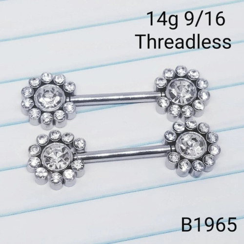 14g Silver Cluster CZ Threadless Nipple Rings Barbells 9/16