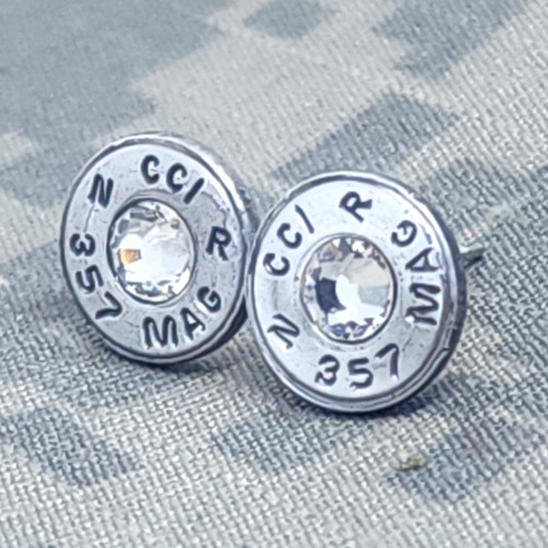 357 Caliber Silver Bullet Casing Clear Crystal Stud Earrings