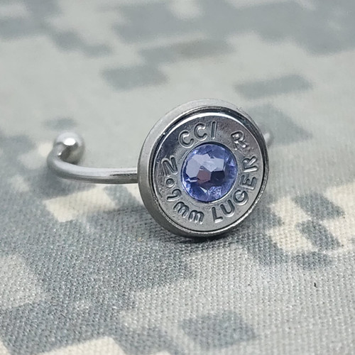9mm Caliber Silver Alexandrite Crystal Adjustable Stainless Bullet Ring
