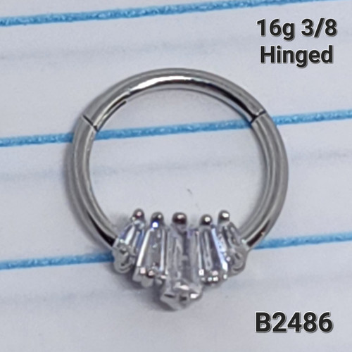 16g Silver CZ Baguette Fan Hinged Hoop Seamless Ring