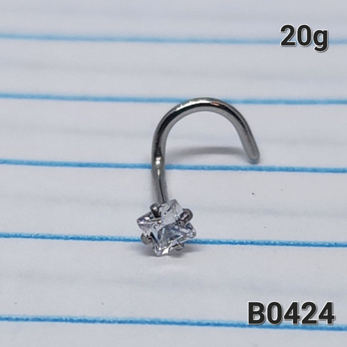 20g Silver Square CZ Screw Nose Ring