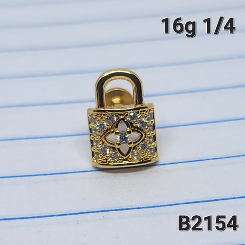 16g Gold CZ Pad Lock 1/4 Labret Ring B2153