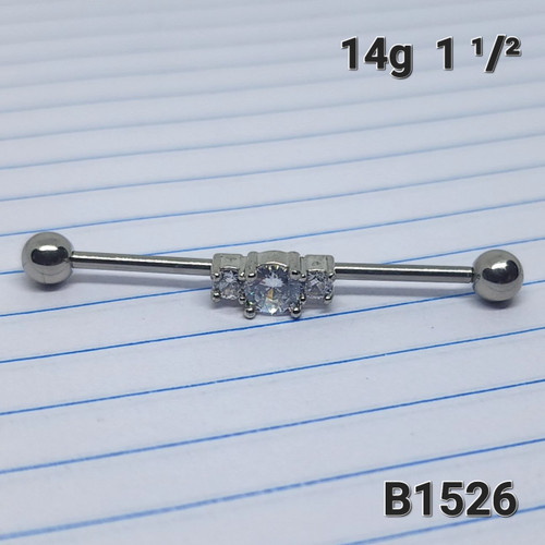 14g Silver 3 CZ  1.5 Industrial Barbell Earring