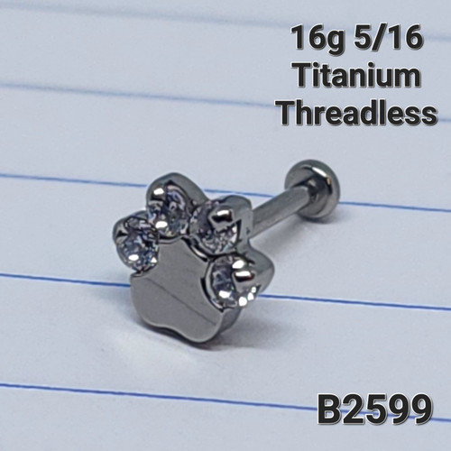 16g Titanium CZ Paw Threadless 5/16 Labret Ring B2599