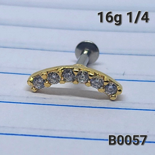 16g Gold CZ Curved Line Short 1/4 Labret Ring