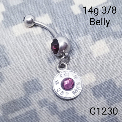 357 Magnum Caliber Silver Bullet Casing Purple Amethyst Belly Button Ring