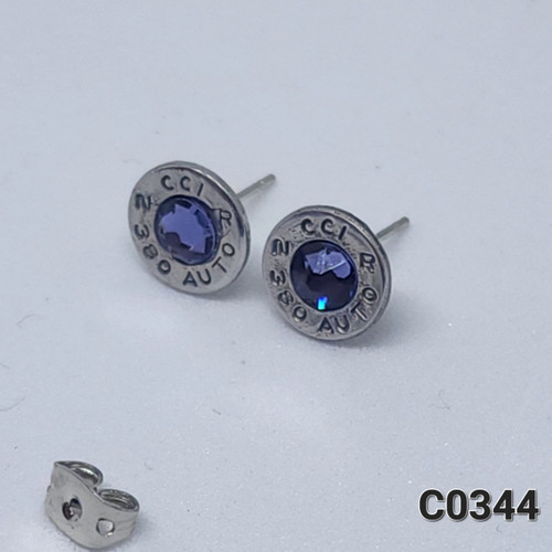 380 Silver Bullet Casing Tanzanite Crystal Stud Earrings