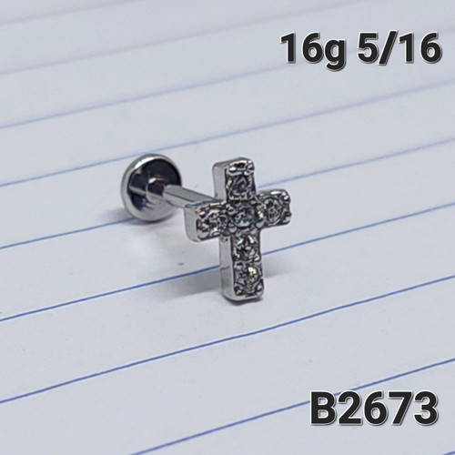 16g Stainless CZ Cross 5/16 Labret Stud Cartilage Ring