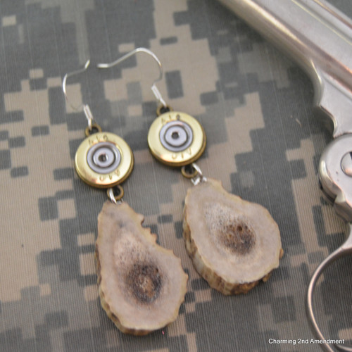 410 Brass Shotgun Shell Deer Antler Dangle Earrings