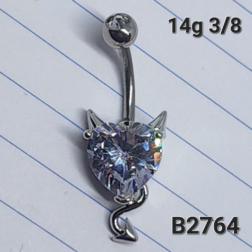 14g Silver Devil Horn Heart CZ 3/8 Belly Ring