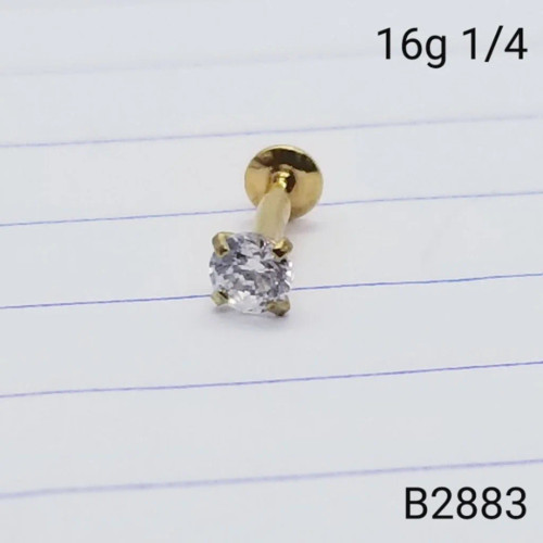 16g Gold 3mm CZ Threadless 1/4 Labret Ring
