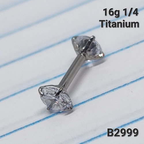 16g Titanium Double 4mm CZ 1/4 Barbell Cartilage Ring B2999