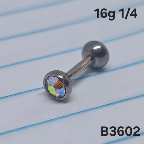 16g Silver Stainless AB CZ 1/4 Barbell Cartilage Ring B3602